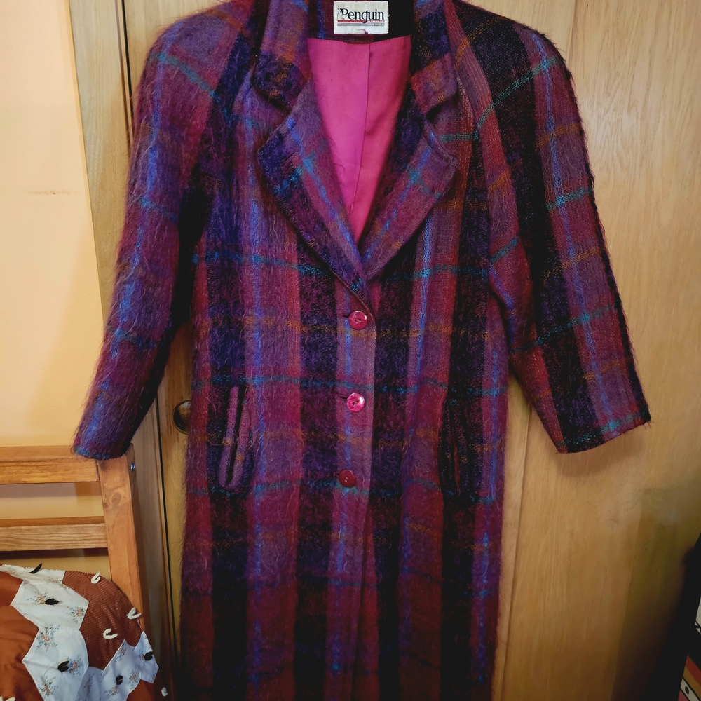 Vintage Penguin Trench Coat XL Purple Pink Plaid